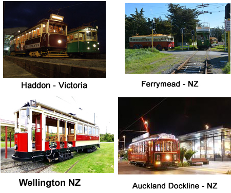 Set of four images of COTMA Member Museums MTPA at Haddon Victoria, ARHS Vic Div Melbourne, Omnibus Wellington and Cable car Museum - Wellington